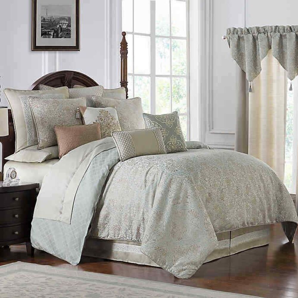 Waterford Gwyneth Luxury Euro Pillow Sham Taupe Pale Blue Embroidered 26x26"